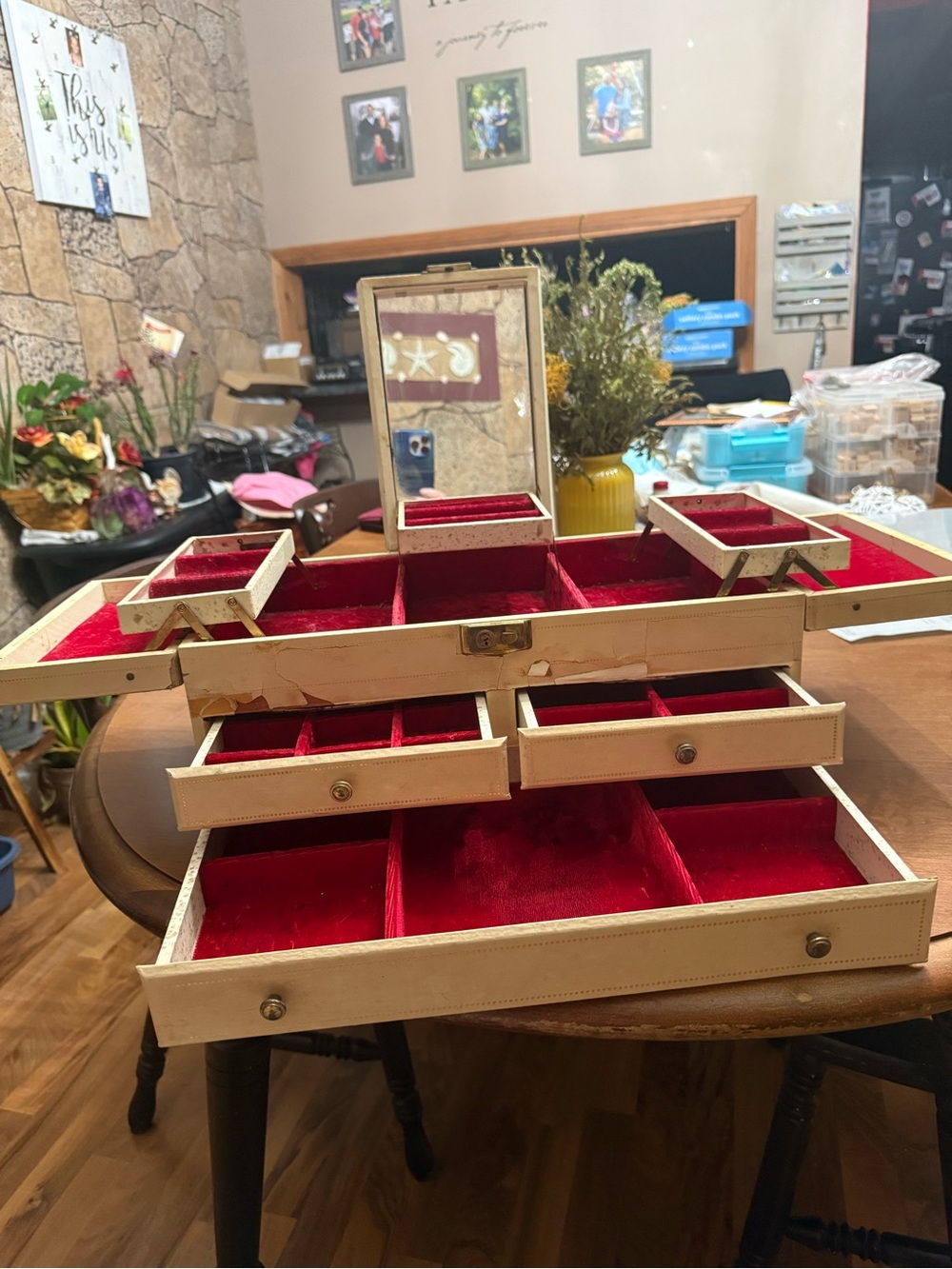 Vintage Mele Cream Jewelry Box Red Velvet Lining Tier Trays Drawers MCM